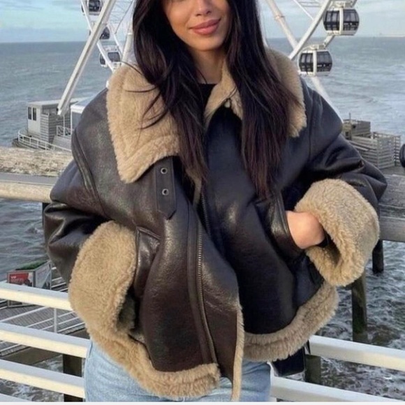 Zara Jackets & Blazers - Zara Women’s Brown Double-Faced Faux Leather Shearling Fur Aviator Jacket